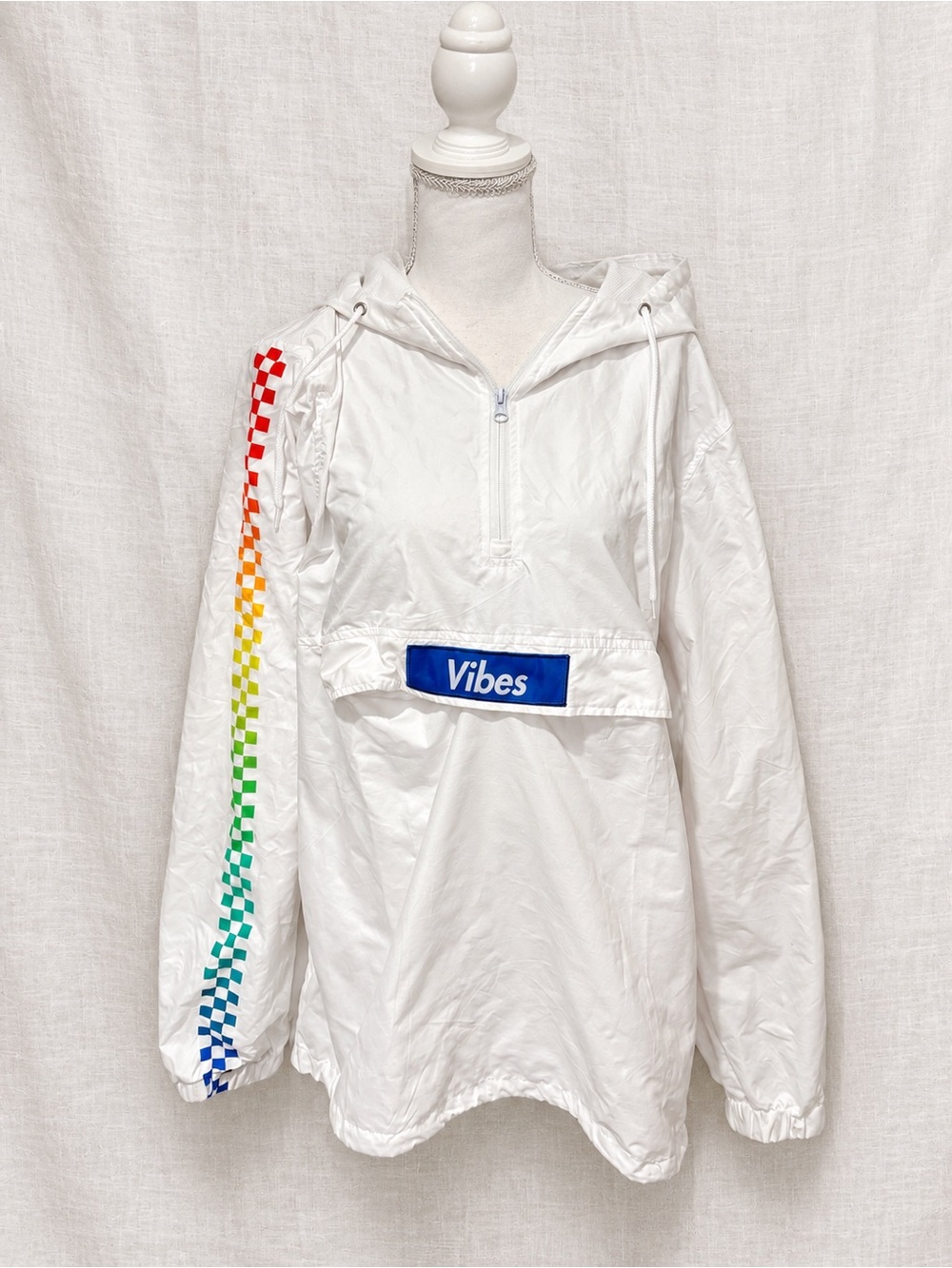 Brooklyn Cloth Men’s Large White Rainbow Checker Vibes Hooded Windbreaker